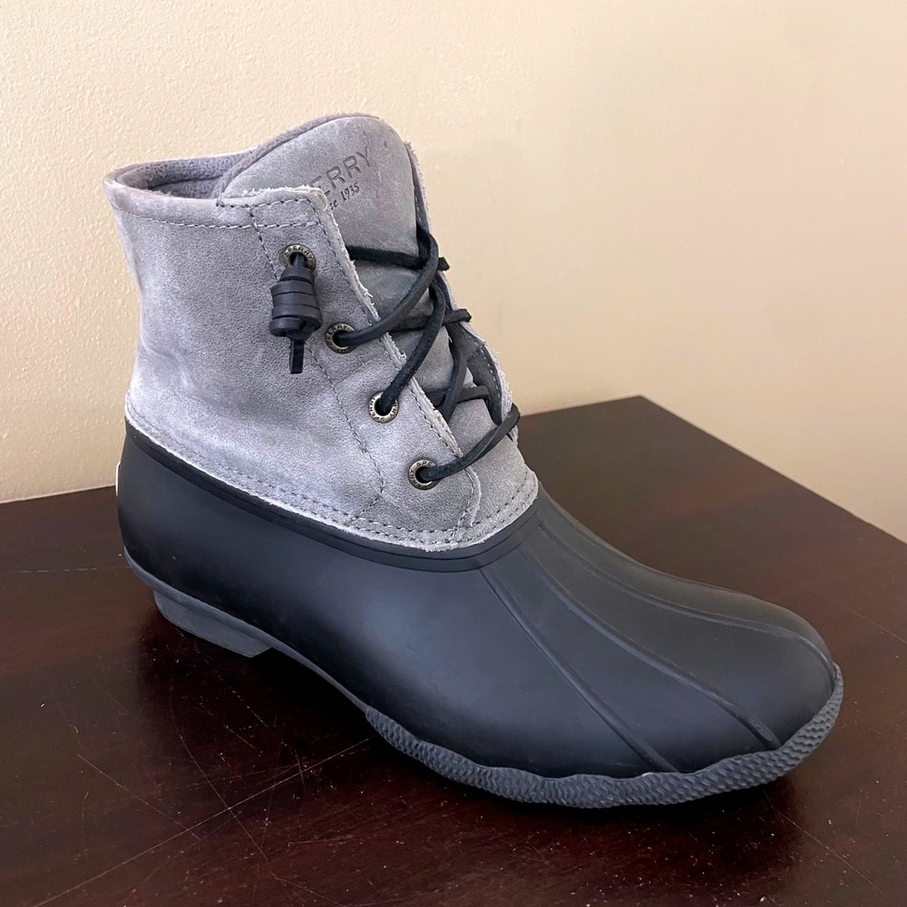 Sperry Saltwater Grey Black Suede Leather Duck Boots STS81732 Womens 8.5M - Picture 2 of 8